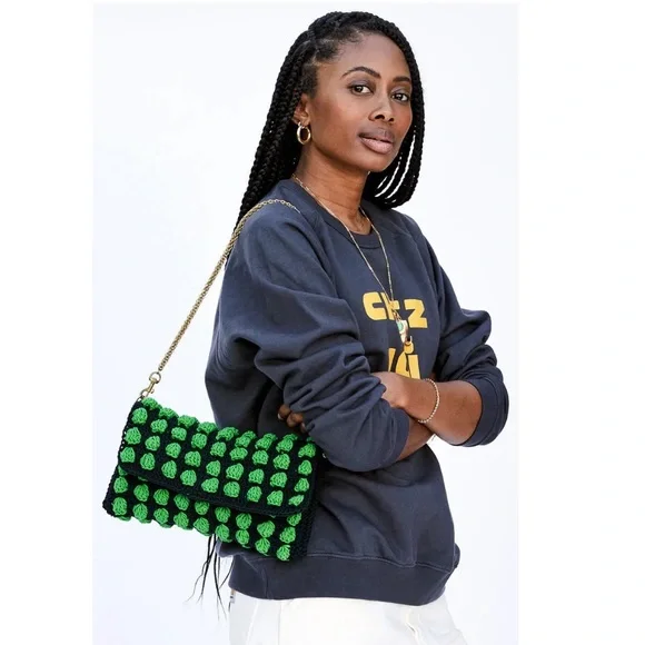 Clare V. Black Green Knit Convertible Clutch w Tabs Bag NWT Crochet Claudette - Picture 3 of 5